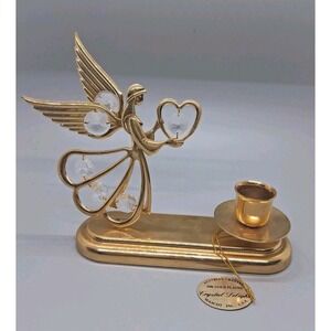 24 Karat Gold Plate Austrian Crystal Angel Heart Candle Holder w/ Tags USA